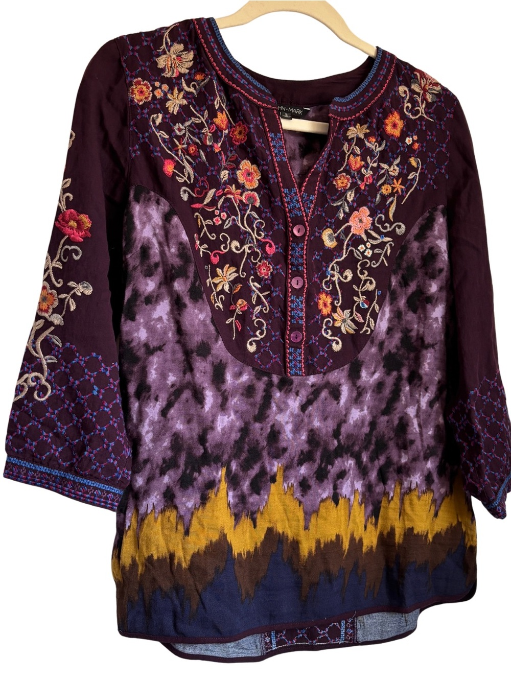 John Mark Embroidered Tunic Top Women S Purple Boho Floral Split Neck 3/4 Sleeve